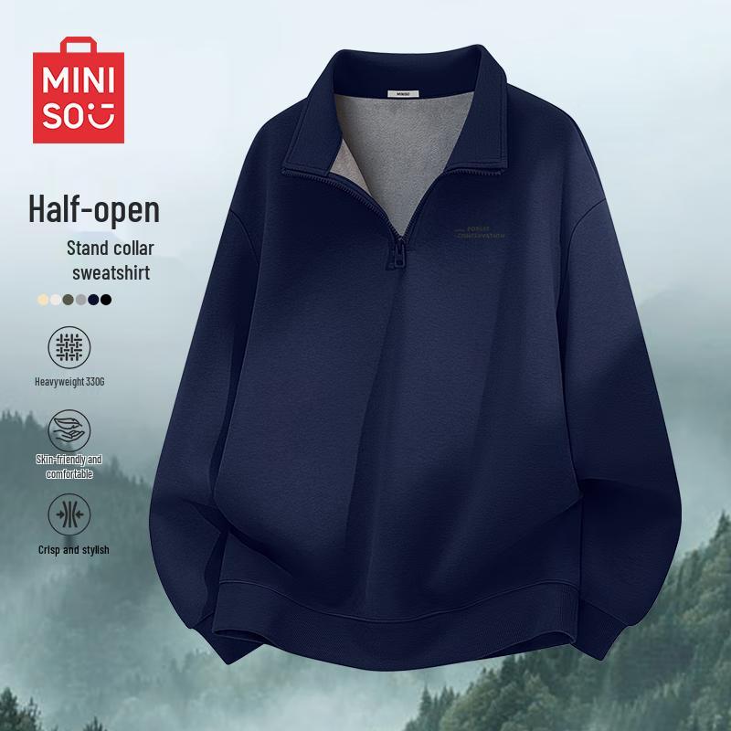 MINISO Men's Fleece-Lined Half-Zip Stand Collar Sweatshirt