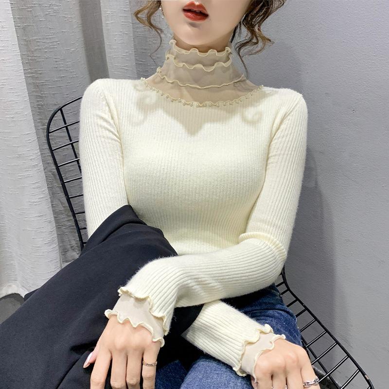 Autumn and winter new fashion slim and thin temperament bead splicing fungus edge knitted sweater backing sweater inside