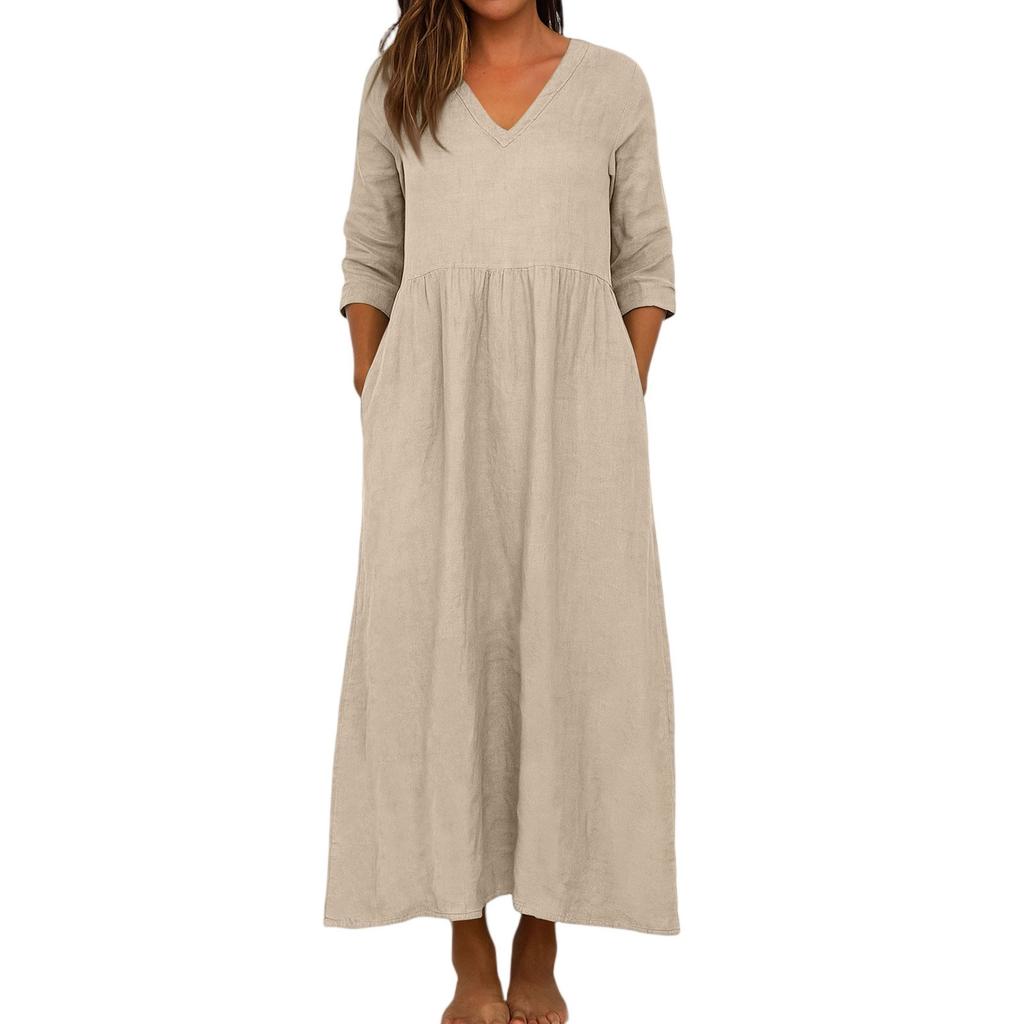 Dress For Women Long Boho Beach Dress Elegant Maxi Dress V-Neck 3/4 Sleeve Dress With Pockets