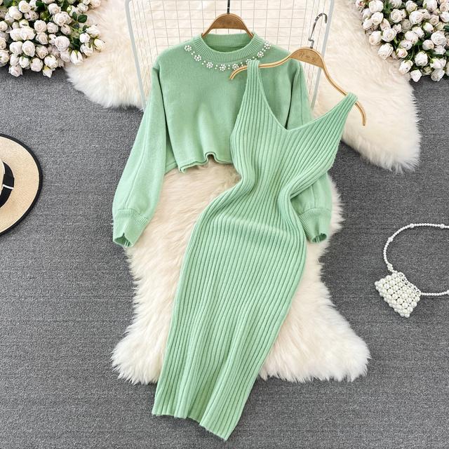 

Women s Temperament Round Neck Nail Beads High Waist Short Sweater Two Piece Knitted Vest Dress Autumn Winter 2026 SM7815 S зелёный