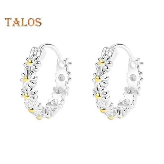 1 Pair Women Huggie Earrings Flower Decor Smooth Polished Alloy Copper Retro Pastoral Style Round Circle Lady Earrings