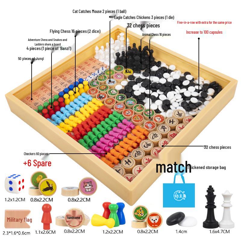Multi-Board Game Set: Go-Moku, Checkers, Chinese Checkers, Chess, Animal Chess, Army Chess – Parent-Child Educational Toy