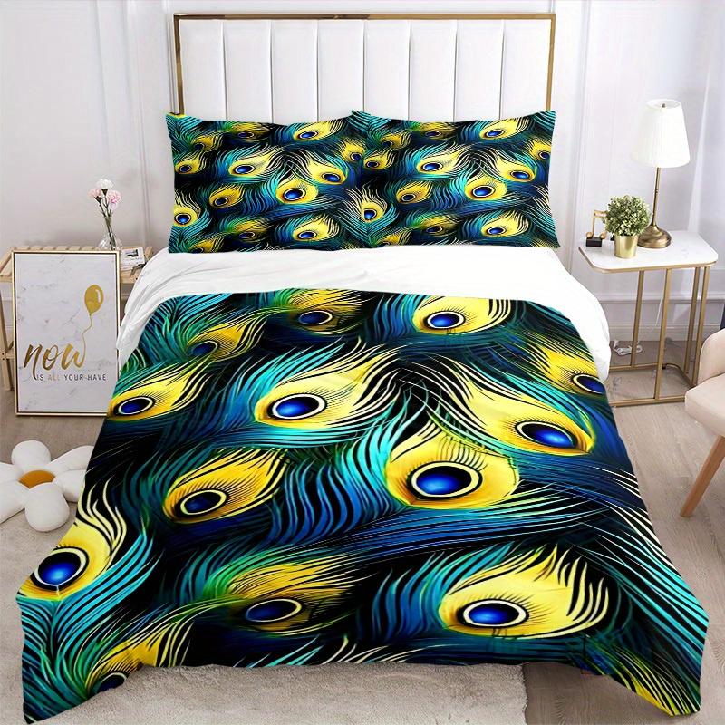 3Pcs Peacock Feather Pattern Printed Bedding Set, Breathable And Soft,(Includes 1 Duvet Cover And 2 Pillowcases, Quilt Not Included) Yy250815164
