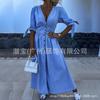 New European and American women's clothing summer spot collar cardigan pure cotton solid color waist dress