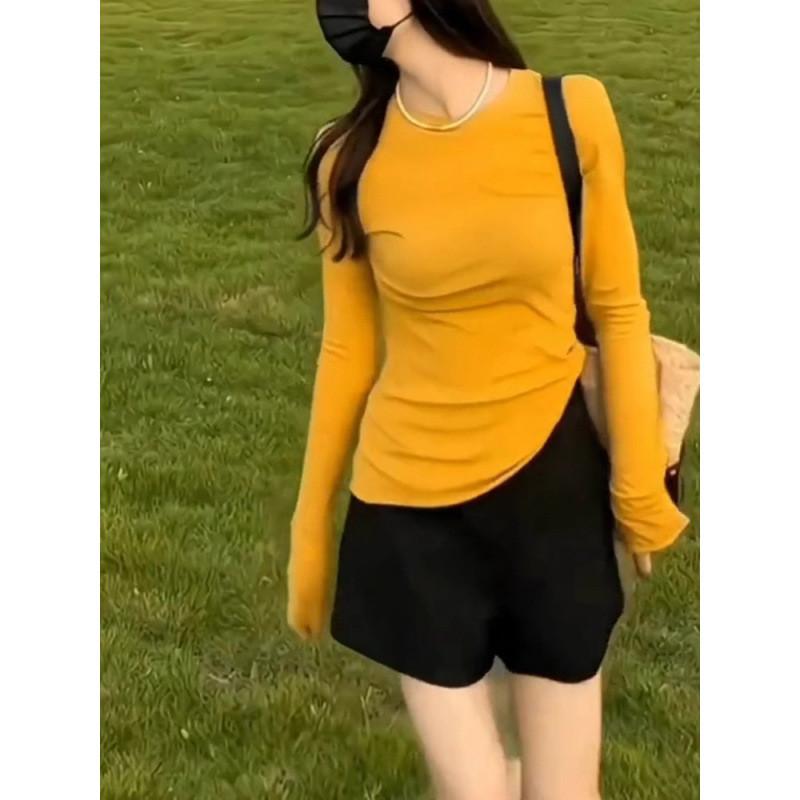 Womens Pure Color Long Sleeve T Shirt With Round Neck For Autumn Casual Wear