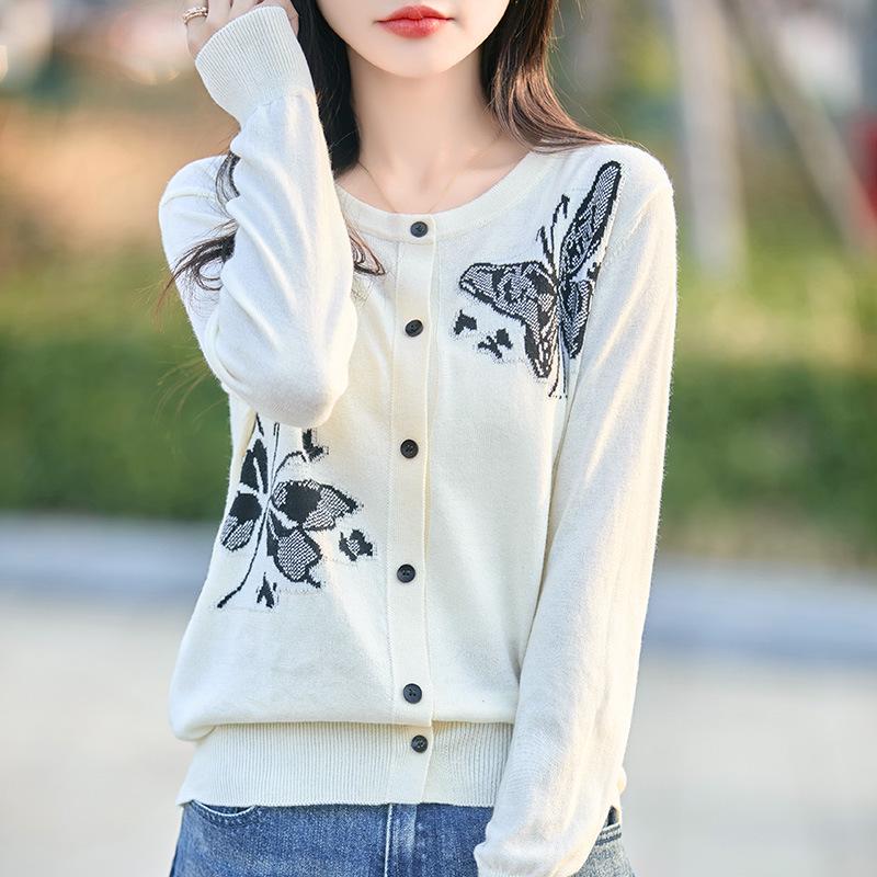 2025 Spring/Summer Women's Butterfly Intarsia Knitted Wool Cardigan – Loose Fit, Round Neck, Long Sleeve