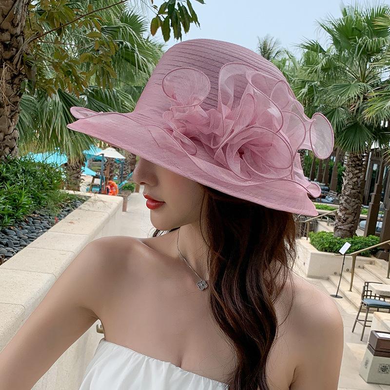 Summer New Women's Organza Flower Big Edge Beach Hat Outdoor Shading Sun Protection Travel Mesh Fisherman Hat