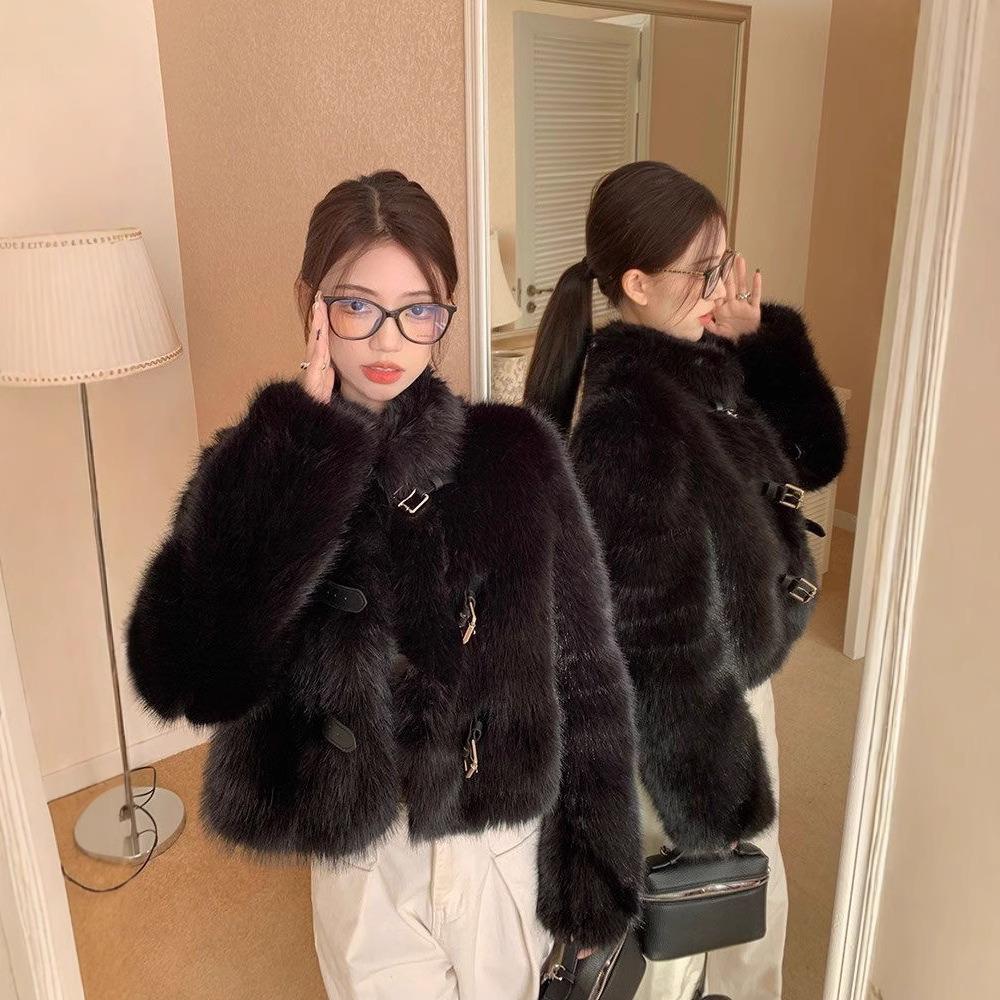 Ekologický kožich Zimní Malý Nový Imitace Liščí Kožešiny Módní Dámské Oblečení Černý Stojáček Top Trendy