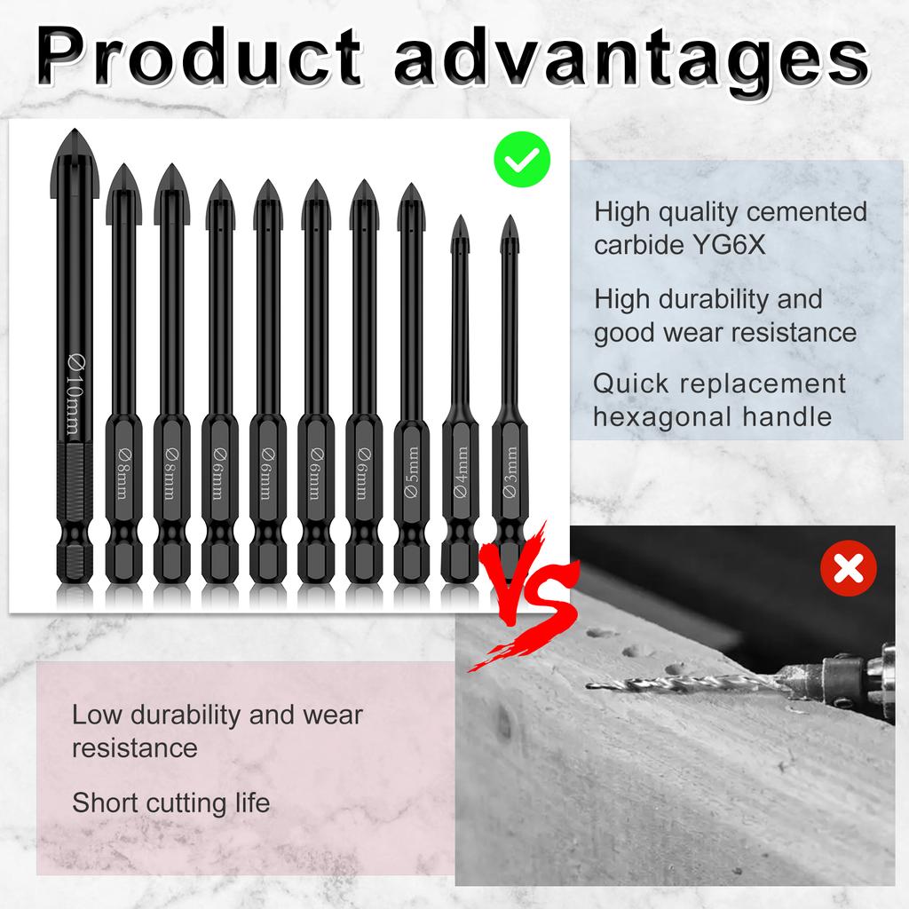 Cross Hexagon Drill Bit Set 3/4/5/6/8/10mm Carbide Drill Bits Suitable for Ceramic Tiles Mirror Glass Ceramic Marble Granite