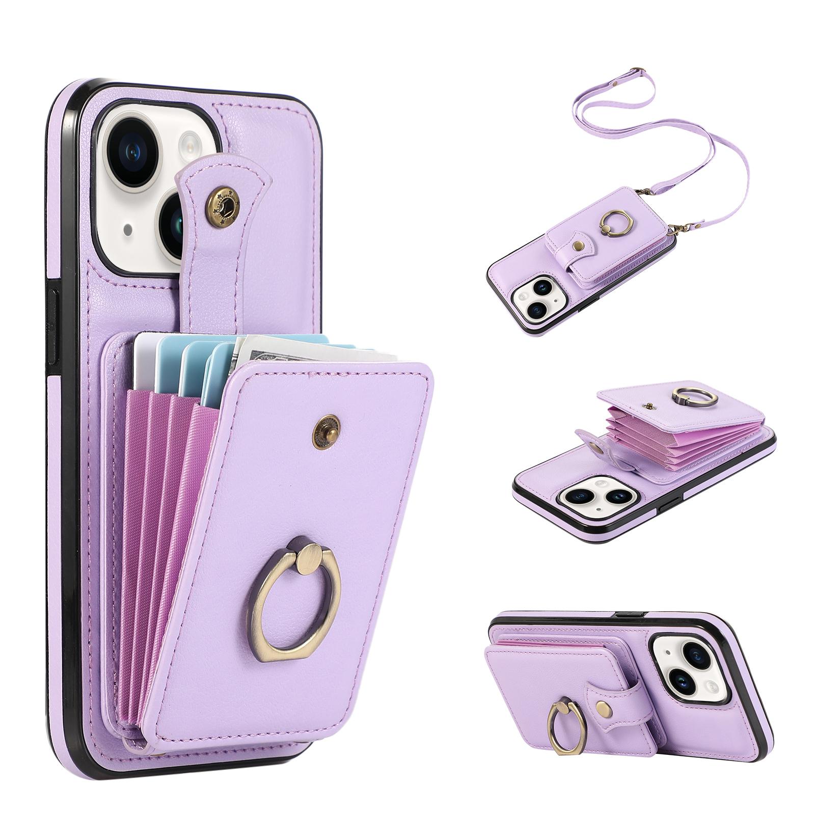 

For iPhone 15 Case Card Holder Ring Kickstand TPU+PU Leather Phone Cover with Long Strap Purple