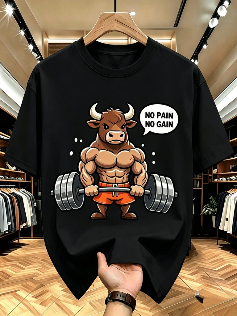 Unisex O Neck Tee Fitness Bull Slogan Graphic Print Cotton Short Sleeve Loose Summer Breathable Daily Casual Basic Wear Top