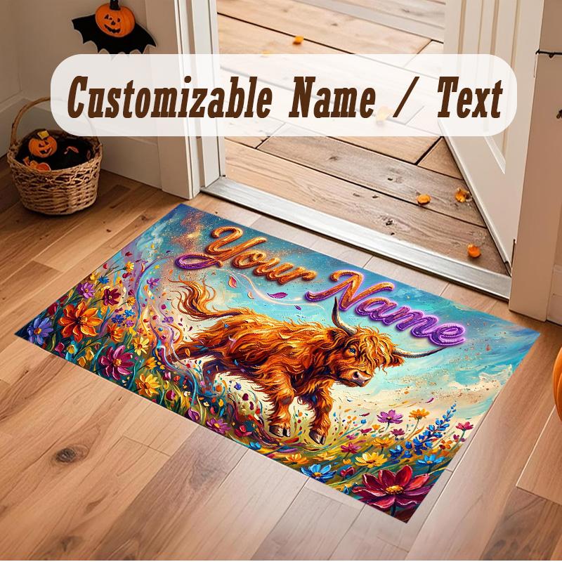 Highland Cow Theme Soft Crystal Velvet Rug Custom Name & Text Print Non Slip Floor Rug for Bedroom Living Room