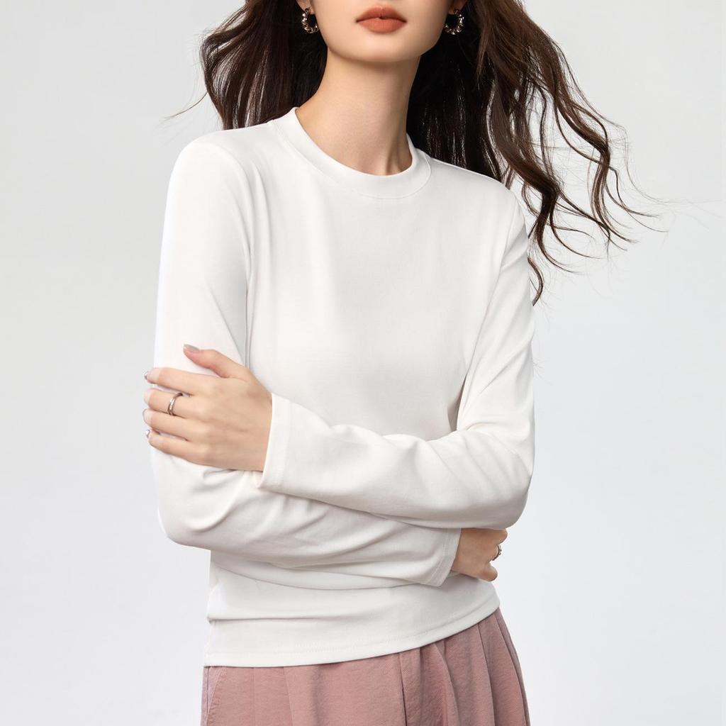 Damski Luźny Bawełniany T-shirt z Długim Rękawem w Kolorze Różowym, Półwysoki Okrągły Dekolt