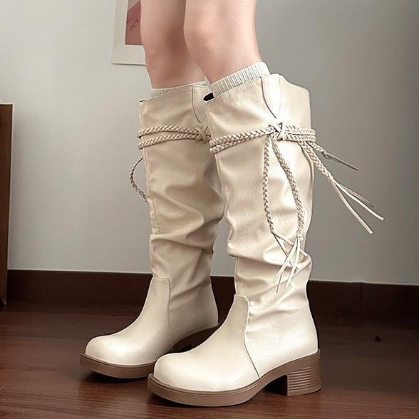 Fashion tribe fringed wind knight boots women's 2025 autumn and winter new thick heel but knee pile boots fashion boots