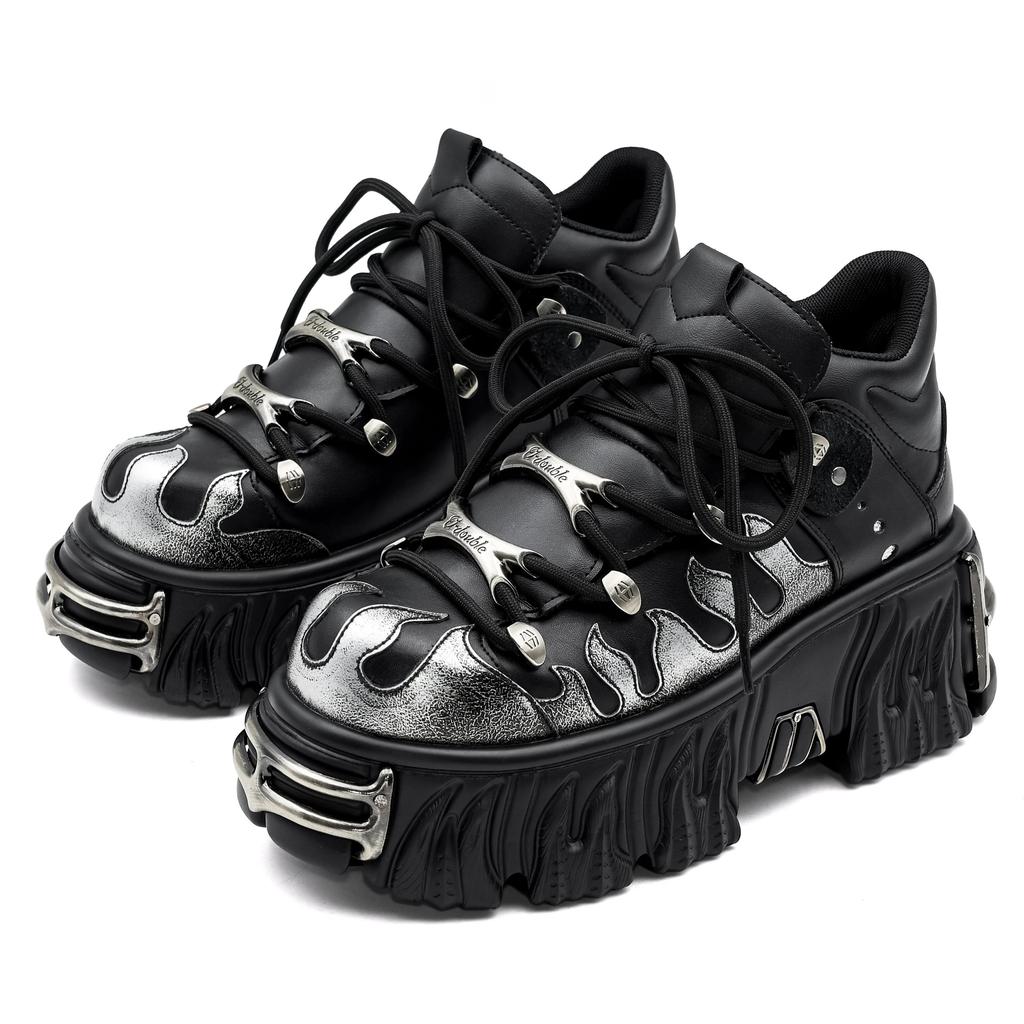 New Punk Style Women Shoes Lace-up Heel Height 6CM Platform Shoes Woman Metal Decor Woman Sneakers Gothic Ankle Rock Boots