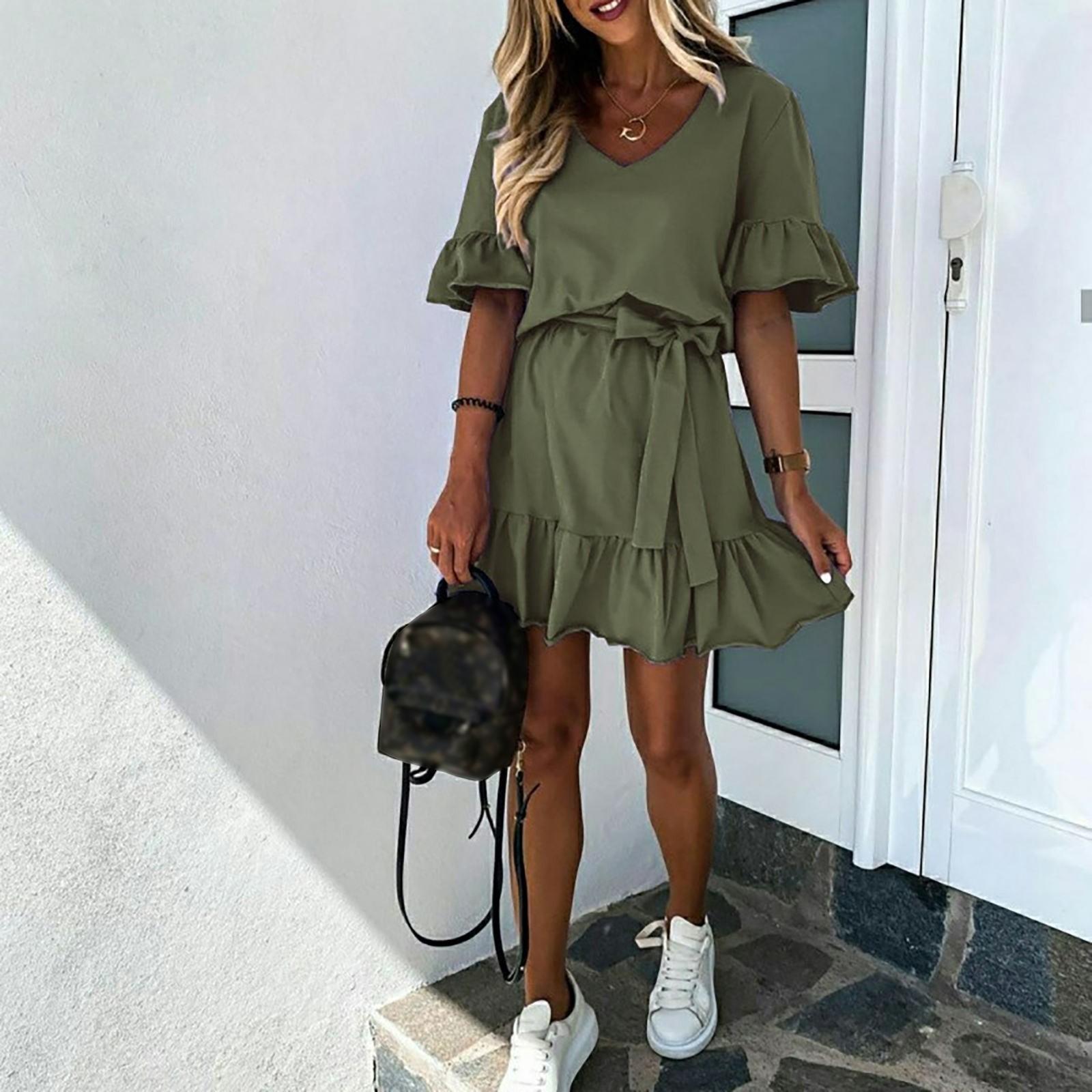 

Жіночі суцільні одноколірні сексуальні короткі сукні з V-подібним вирізом і короткими рукавами L зелений