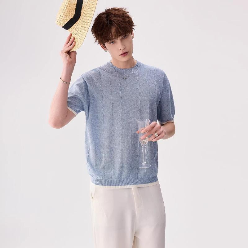 Summer New Trendy Brand Fashion Gentleman's Style Contrasting Color Knitted Short-sleeved T-shirt Men's Breathable Pullover Crew Neck Top