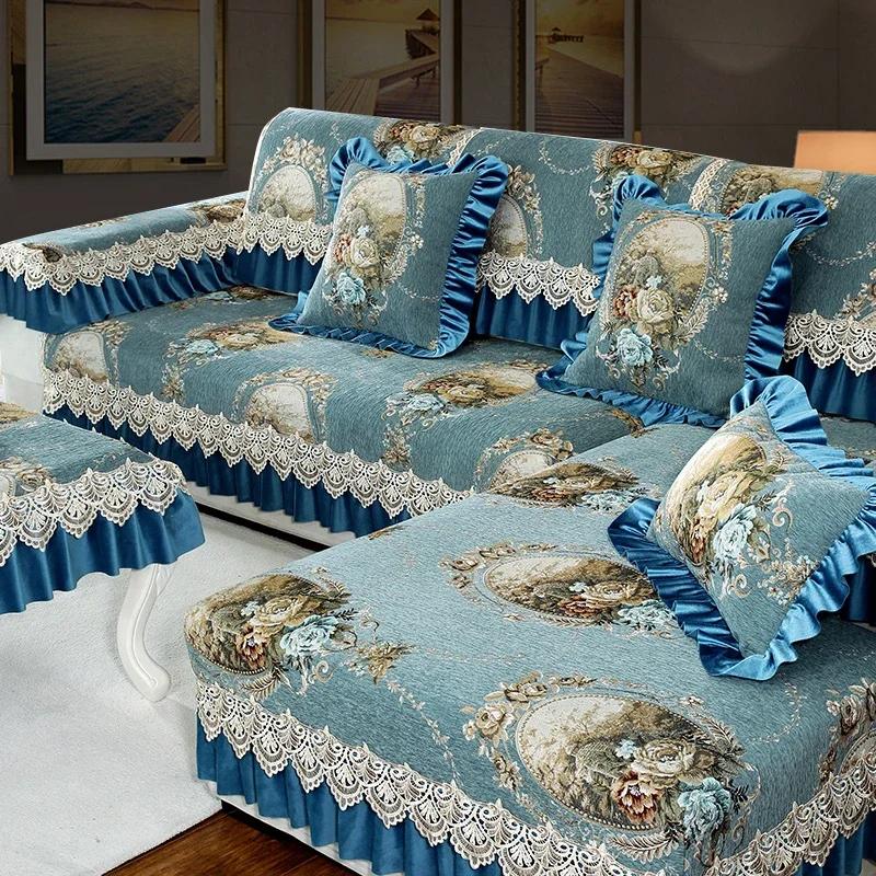 Tapete de sofá de chenille de luxo estilo europeu, tecido com flores grandes, almofada de assento antiderrapante, capa de sofá de madeira maciça de inverno com cobertura total