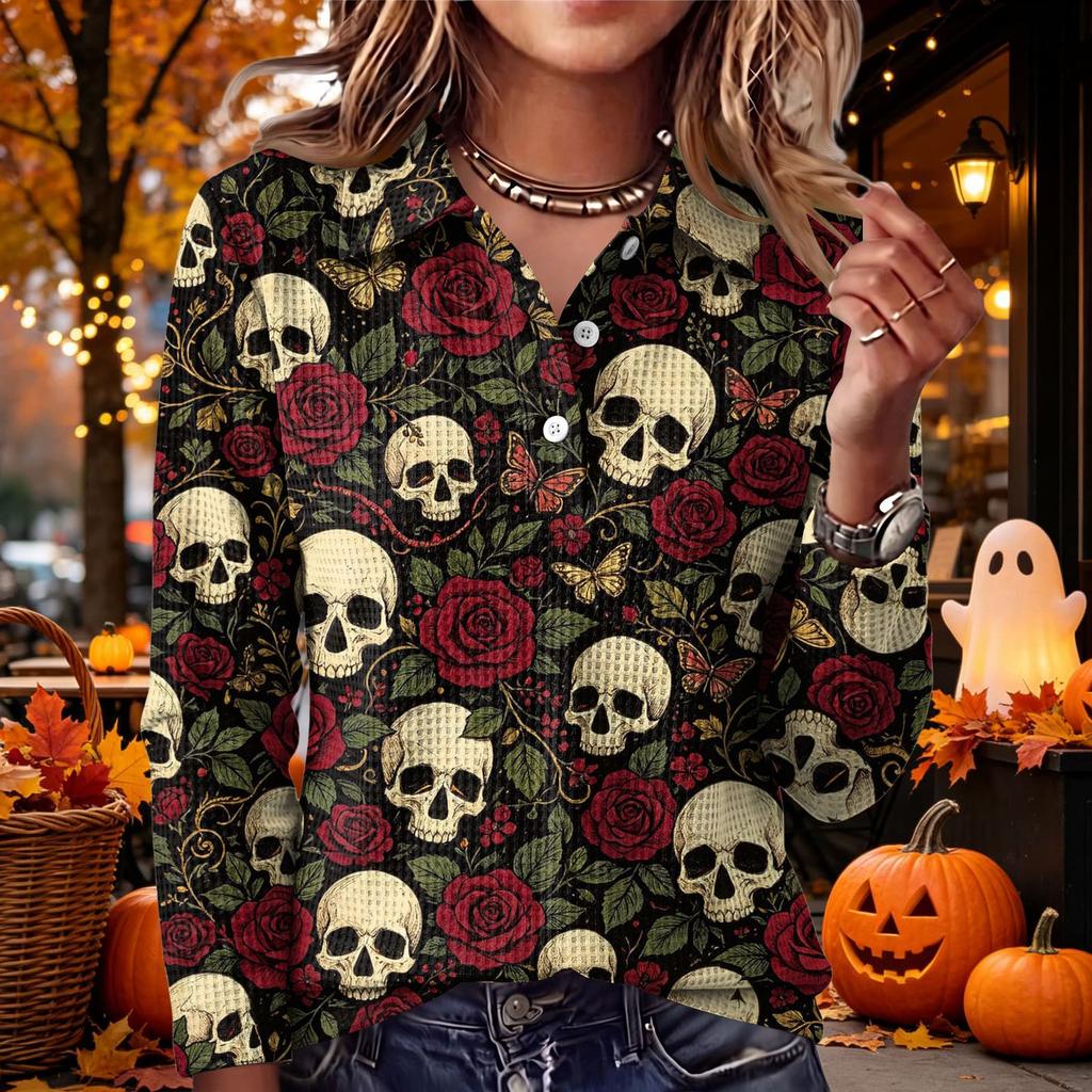 Women's Casual Long Sleeve Halloween Print Knit Top with Lapel Collar, Trendy Fall Outfit