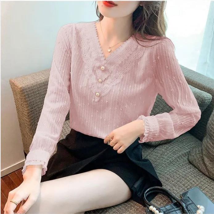 V-neck Lace Chiffon Top Spring Autumn New Loose Women's Clothing Solid Color Long Sleeve Bottoming Shirt