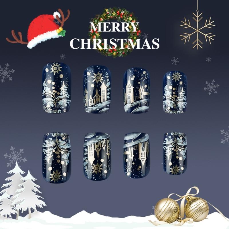 24Pcs Christmas Press on Nails False Nails Snowflake Designs Stick on Nails Full Cover Acrylic Nails for Women Nails Art
