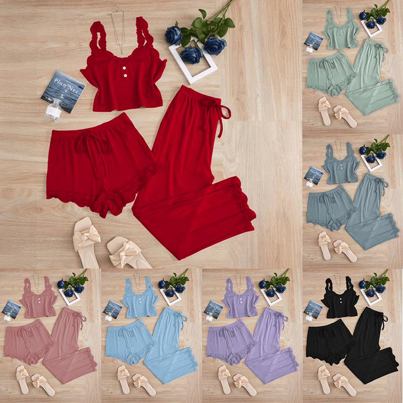 Beliebtes Damen-Spitzen-Pyjama-Set: Dreiteiler mit Shorts, langer Hose und Camisole – Sexy Homewear