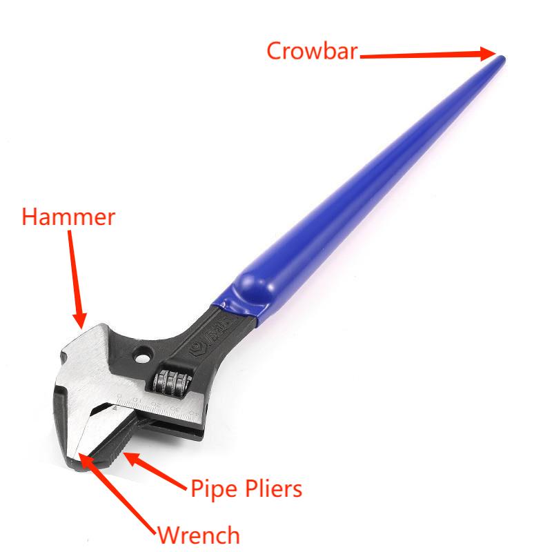 4 In 1 Multifunction Adjustable Wrenches with Hammer Crowbar Function 16 Inch Grip Tool Pipe Wrench Plumbing Repair Tooling