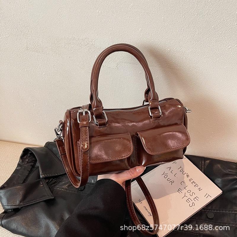 New women's bag fashion niche oil wax leather bowling bag multi-pocket underarm bag commuter tote bag shoulder bag