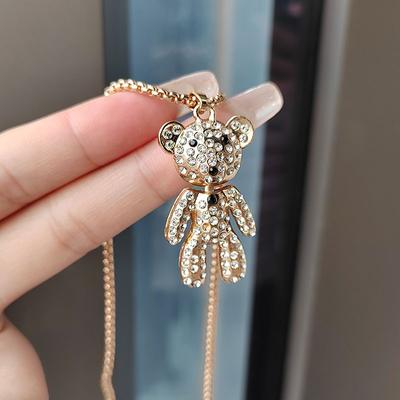 Cute Full Diamond Bear Necklace Long Tuku Trendy Brand Sweater Chain Pendant Hip Hop Personality Necklace