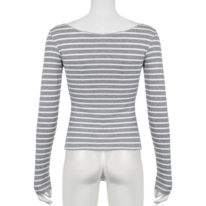 Spring and Autumn Models Women's Street Slim Personality Bottoming Casual One Shoulder Long-sleeved Striped T-shirt