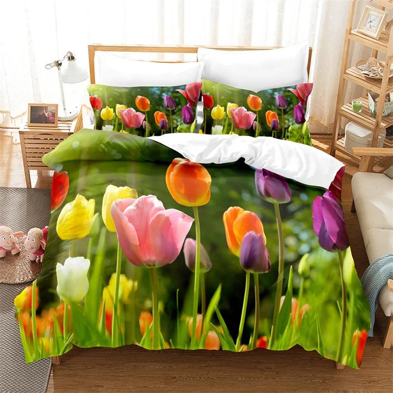 Color Tulip Pattern Bedding Set Down Duvet Quilt Cover Set 3D Digital Printing Quilt Cover Three-piece Set