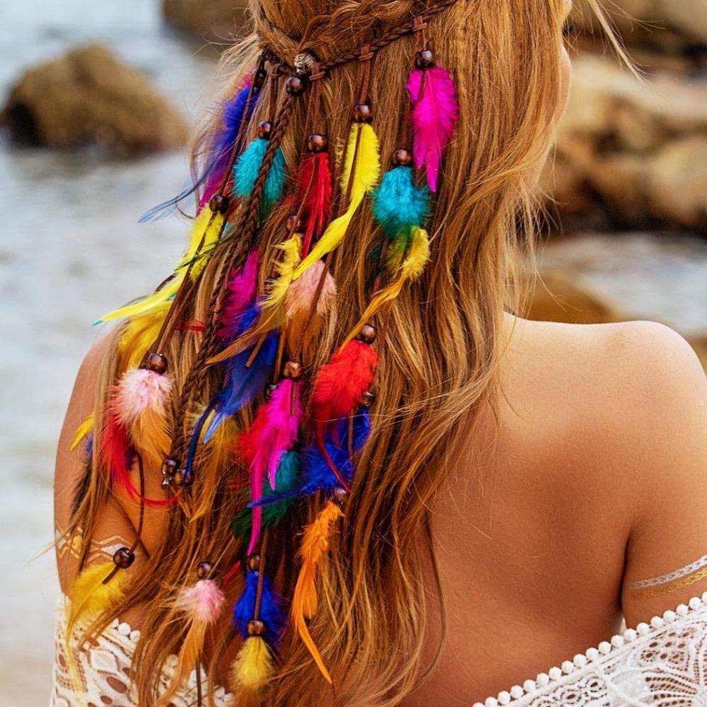 Quasten Boho Stil Kopfschmuck Verstellbar Regenbogen Indisches Stirnband Retro Feder Stirnband Maskerade