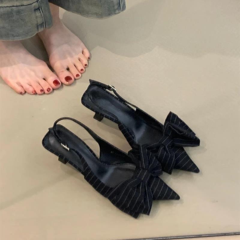 High Heels Women's Striped Bow Gray Temperament Pointed Kitten Heel Temperament Sexy White Low Heel Bag Head Sandals