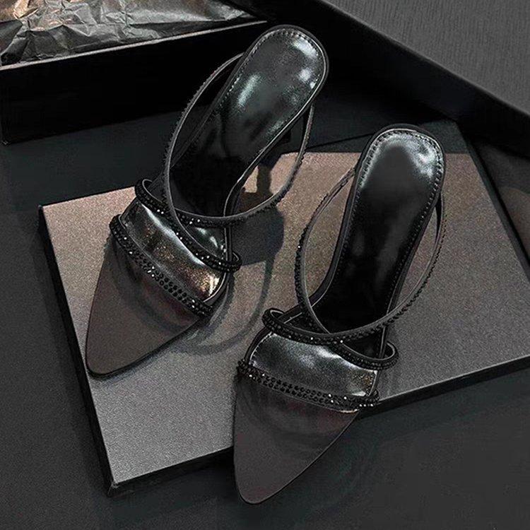 

Коричневые атласные туфли с кончиком из стразов, женские сандалии, сексуальные с открытым носком, в стиле имперской сестры, на высоком каблуке, крутые шлепанцы 40