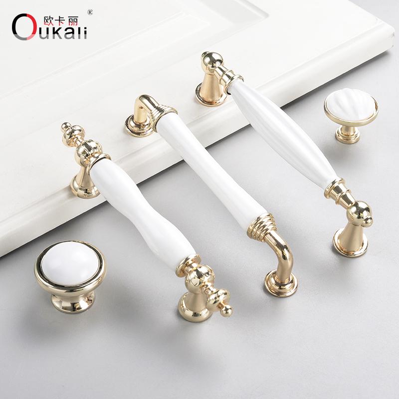 Oukali Classical Furniture Cabinet Handle Kitchen Drawer Ceramic White Handle Wardrobe Zinc Pull Handles