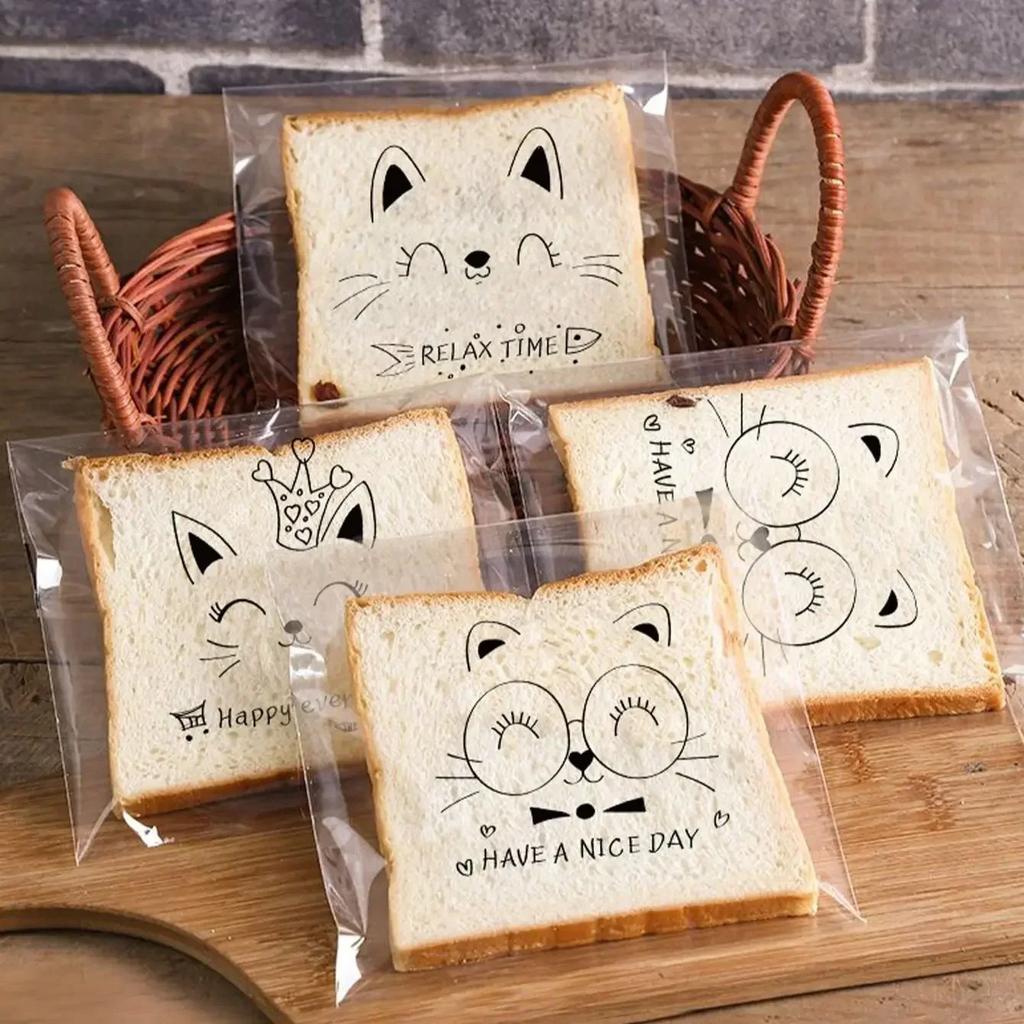 100PCS Transparent Self-adhesive Candy Gift Bags Cute Bunny Cat Bear Animal Bread Toast Cookies Baking Packaging Bag Supplies