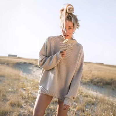 Suéter feminino de malha solta de inverno tamanho grande casual cor sólida