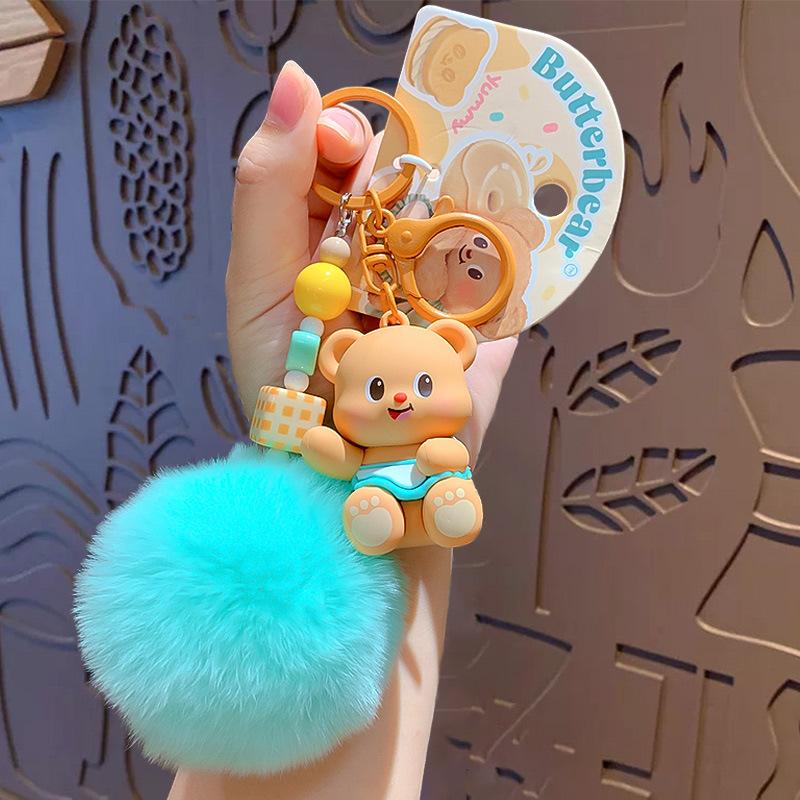 Cartoon Butter Bear Hairball Keychain Women S Schoolbag Pendant Car Bag Keychain Pendant Small Gift