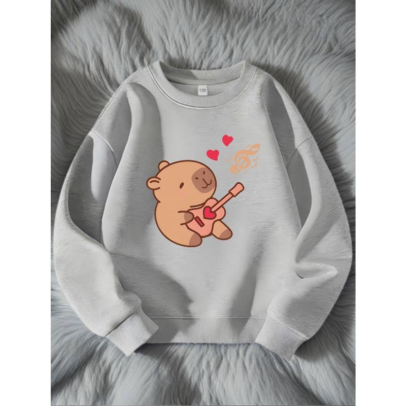 Kids Music Bear Crewneck Sweatshirt, Cartoon Bear Musical Instrument Print Soft Round Neck Long Sleeve Top