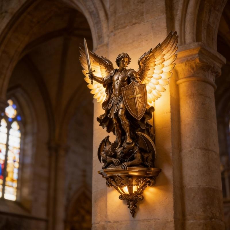 Archangel Wall Sconce Resin Religious Decor Light With Bronze Style Finish and Backlit Detail for Bedroom, Prayer Corner and Hallway Display