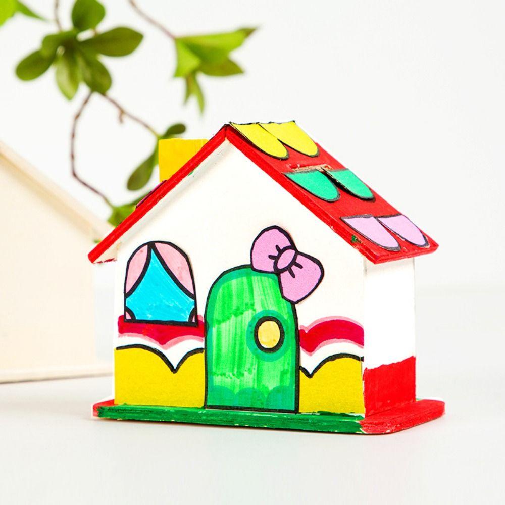 Cartoon Unfinished Small House Piggy Bank Wooden DIY DIY Painted Storage Jar Handmade White Embryo House Mold Kindergarten