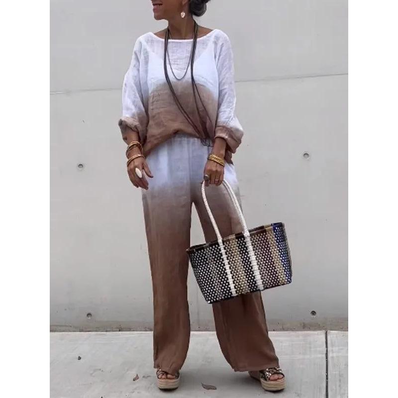 Damen Set Modisches Baumwoll- und Leinen-Verlaufs-Langarm-Rundhals-Oberteil und Gerade Hose Zweiteiler