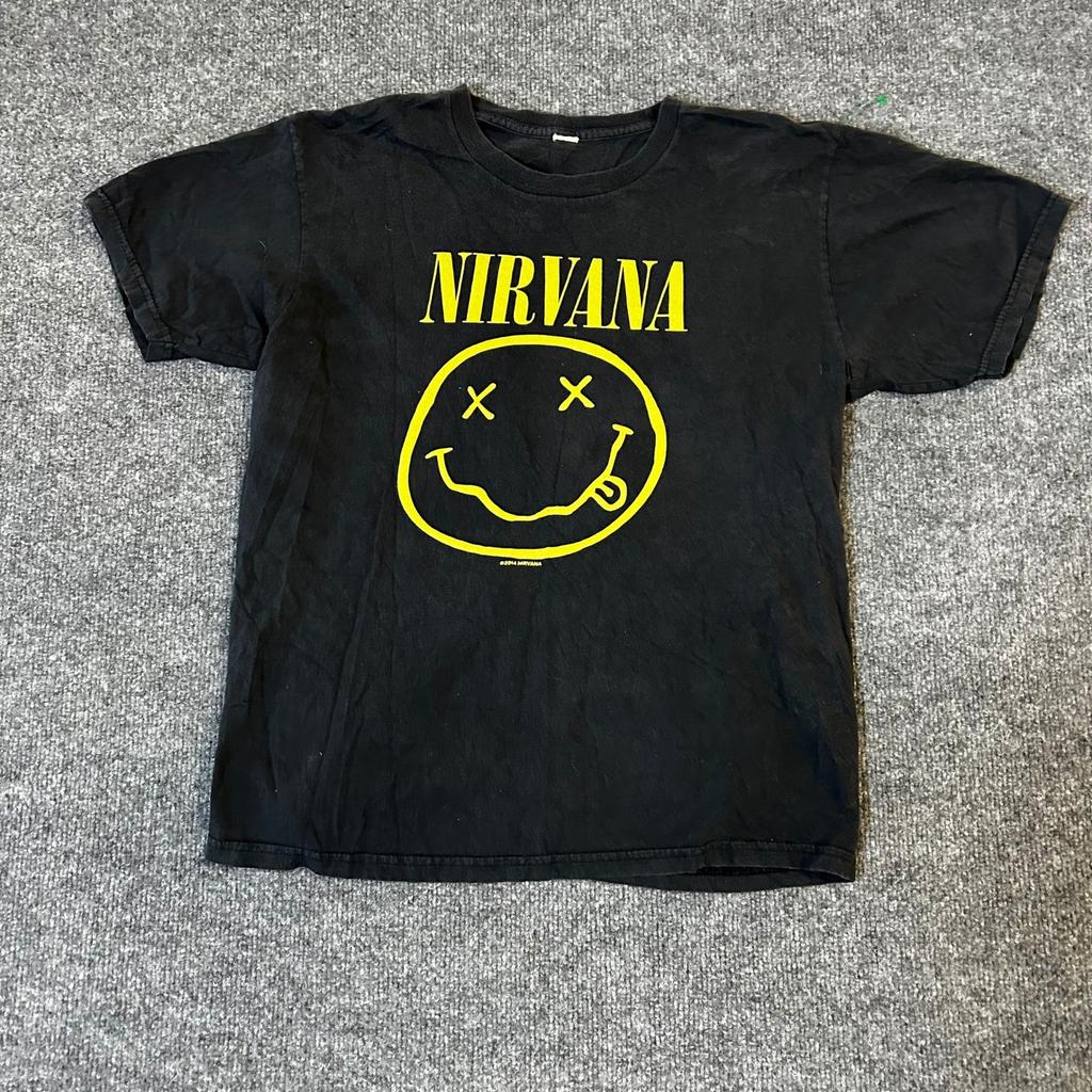 Unisex T-ShirtNirvana Unisex T-Shirt Mens Size S Black Smiley Face Graphic Band Tee Short Sleeve Rock