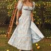 Sommer Damen Französisches Frisches Florales Midi-Kleid, Quadratischer Ausschnitt Kurzarm Lässiges Kleid für Europäische Amerikanische Damen