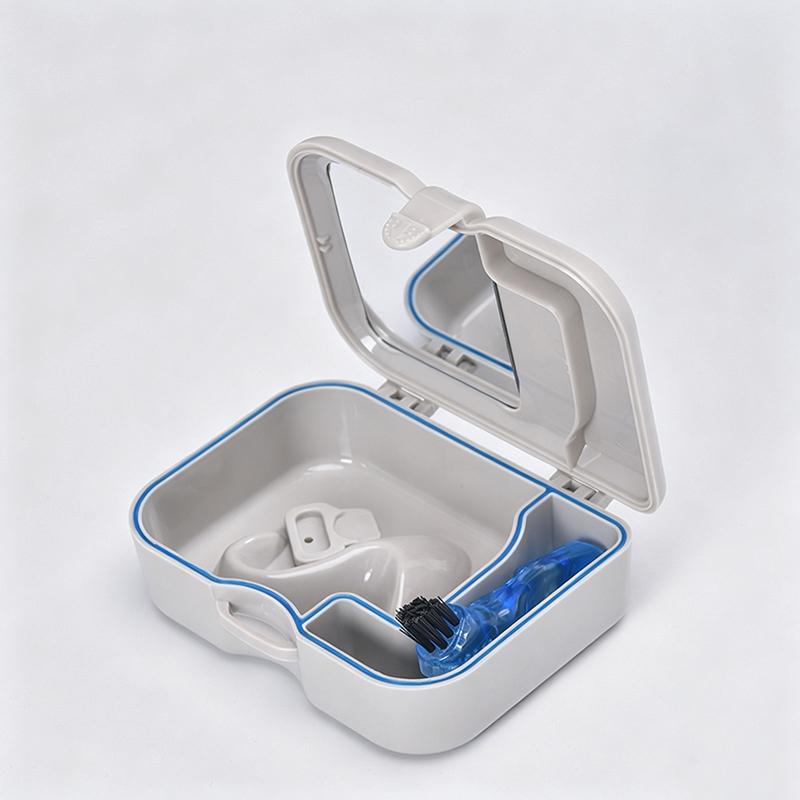 1 Set Denture Storage Box With Mirror And Cleaning Brush Portable False Teeth Container For Travel Daily Dental Care