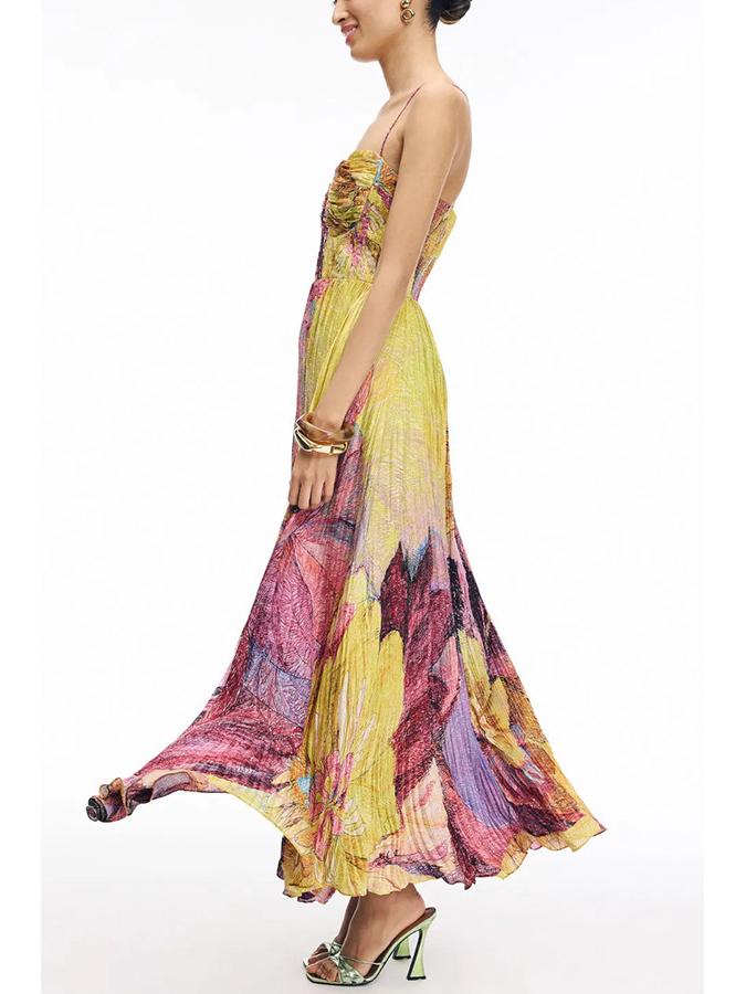 European and American Women's Spaghetti Strap Print Pleated Sleeveless Swing Dress (Plus Size Style 8162)