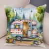 Happy Campers Pillow Case Double Print Decor Cartoon House Travel Car Cushion Cover for Sofa Home Soft Plush Pillowcase