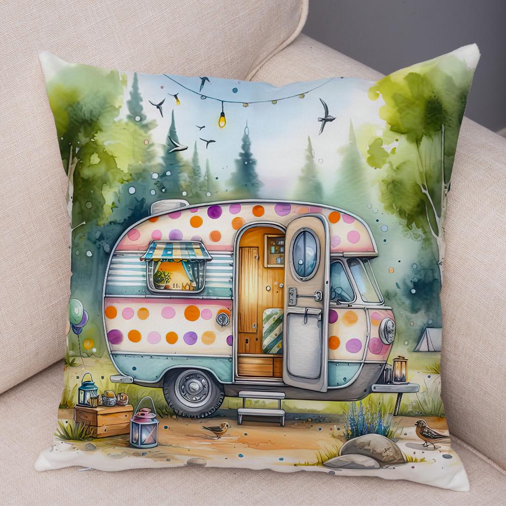 Happy Campers Pillow Case Double Print Decor Cartoon House Travel Car Cushion Cover for Sofa Home Soft Plush Pillowcase