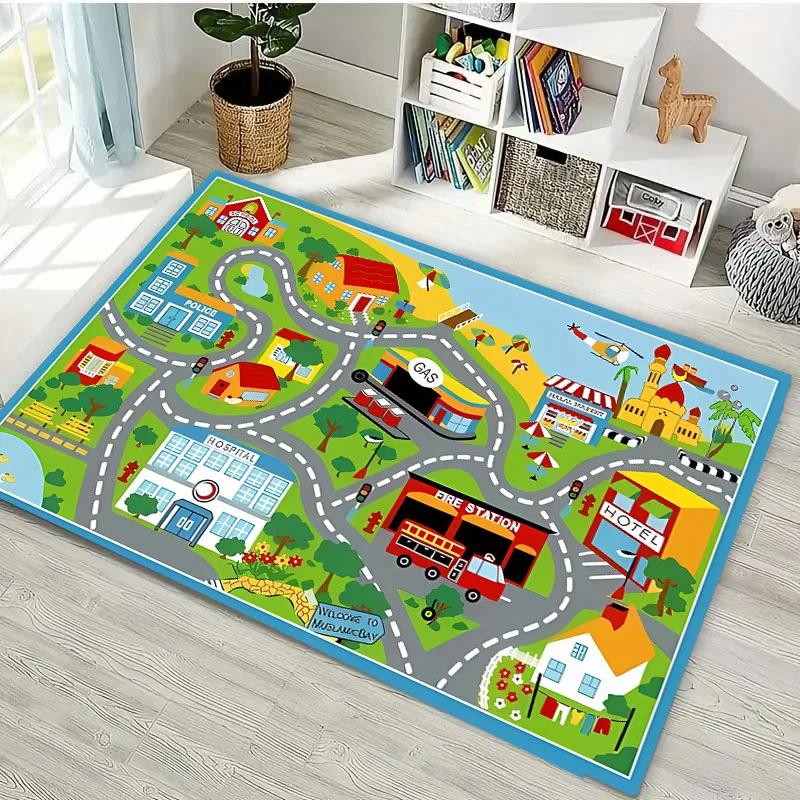 3D-Druck Kinderspielmatte Stadtverkehrskarte Großer Flächenteppich Teppich für Wohnzimmer Schlafzimmer Kinder Spielen Rutschfeste Bodendekormatte Geschenk