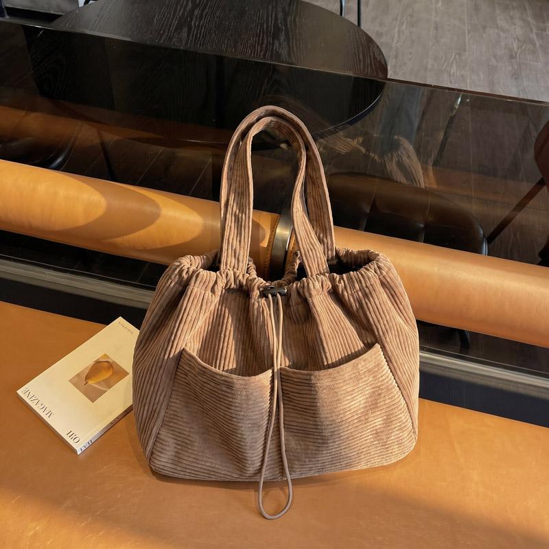 Solid Color Lightweight Corduroy Drawstring Tote Bag Large Capacity Shoulder Tote Bag